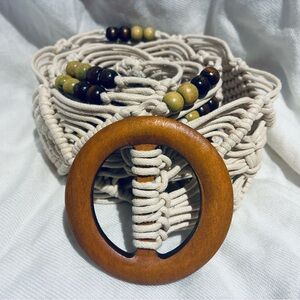 *3 for $20* Handcrafted Beige Macrame Belt with Wooden Buckle and Beads, XL